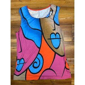 Abstract Face Print Tank Top Women Large Red Blue Pink Cotton Linen Sleeveless